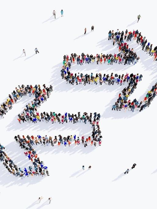Illustration vieler Personen, die sich in Form zweier entgegengesetzter Richtungspfeile gruppieren.