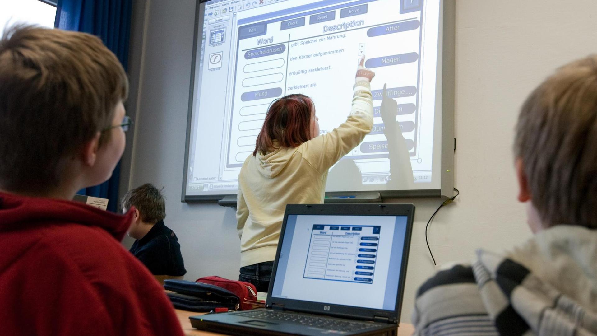 Schüler der Klasse sechs sitzen am Freitag (13.02.2009) an ihren Notebooks in einem Klassenraum der Gesamtschule Emsland in Lingen (Landkreis Emsland) und blicken auf eine interaktive Tafel ein sogenanntes Smartboard.