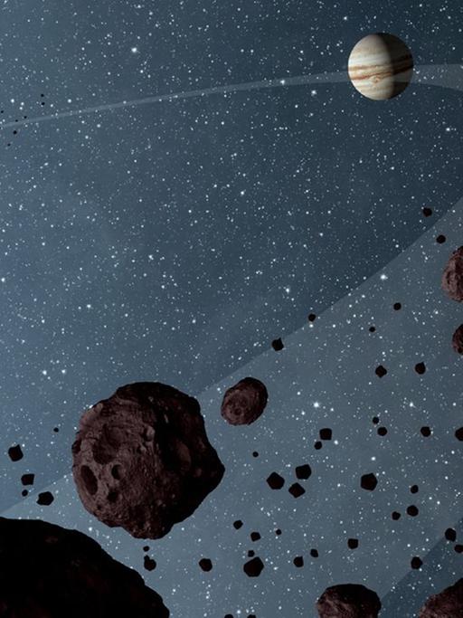 Eine NASA-Illustration zeigt die sogenannten "Trojan asteroids", die auf der Umlaufbahn des Jupiters in derselben Richtung kreisen. Ein kleiner Asteroid kreuzt als "kosmischer Geisterfahrer" seit mindestens einer Million Jahren die Bahn des Riesenplaneten.