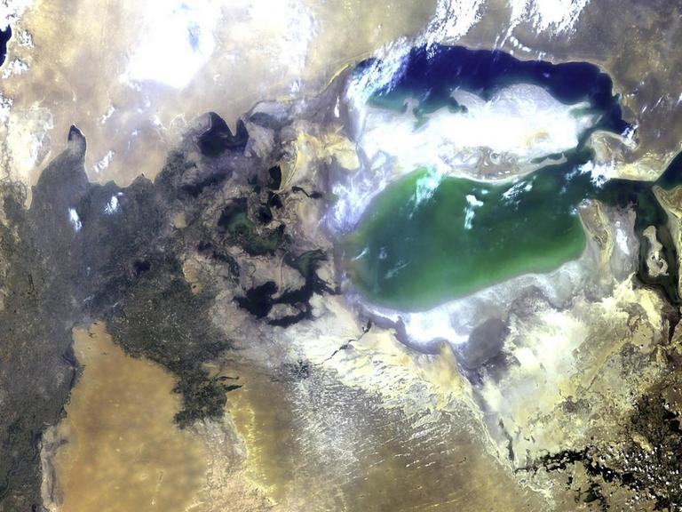 Satellitenaufnahme von Teilen Zentralasiens und des Aralsees im Gebiet von Kasachstan und Usbekistan.