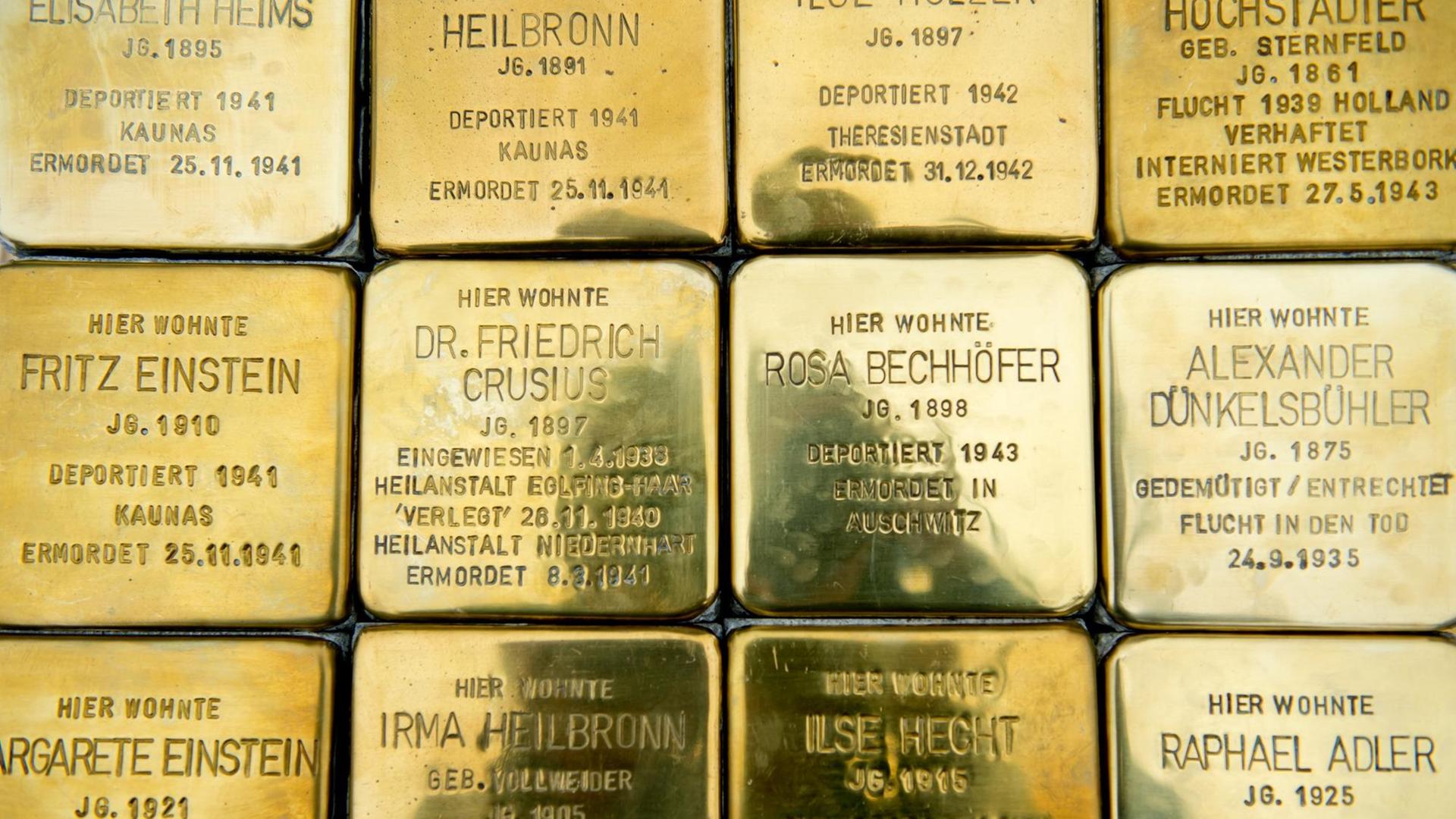 Stolpersteine mit den Namen von deportierten Juden sind am 09.06.2015 in München (Bayern) auf dem Königsplatz zu sehen.