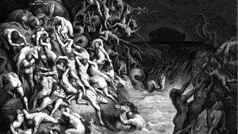 Ein Holzstich von Gustave Doré aus einer britischen Bibel aus dem Jahr 1866 zeigt Menschen, die sich verzweifelt vor der Sintflut zu retten versuchen