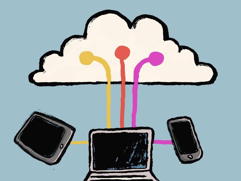 Illustrative Veranschaulichung von Technologien rund um einer Wolke vor blauem Hintergrund.