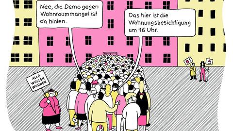 Eine große Menschenmenge steht vor dem Eingang eines Hauses. Eine Frau mit einem Schild mit der Aufschrift "Alle wollen wohnen" spricht mit einem der Menschen. Der weist von der Menge weg auf zwei einsam mit Transparenten abseits stehende Leute und sagt: "Nee, die Demo gegen Wohnraummangel ist da hinten. Das hier ist die Wohnungsbesichtigung um 16 Uhr."