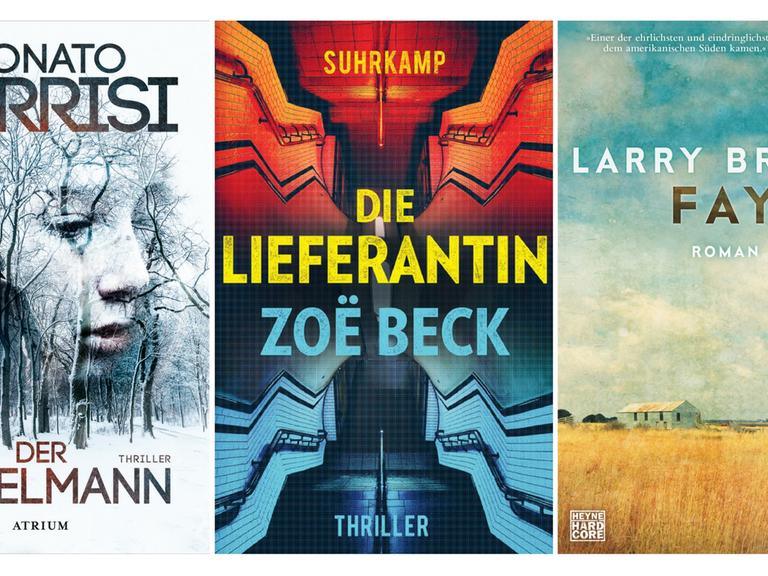 Drei Buchcover der Krimibestenliste August: Donato Carrisi "Der Nebelmann" (Atrium),Zoë Beck "Die Lieferantin" (Suhrkamp); Larry Brown "Fay" (Heyne).