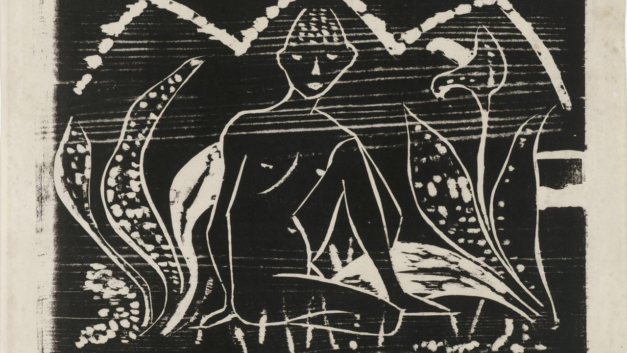 Otto Mueller, Knabe zwischen Blattpflanzen (Knabe im Schilf), 1912, Holzschnitt, 33,8 x 42,9 cm