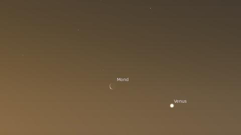 Mondsichel und Venus morgen früh tief am Osthimmel