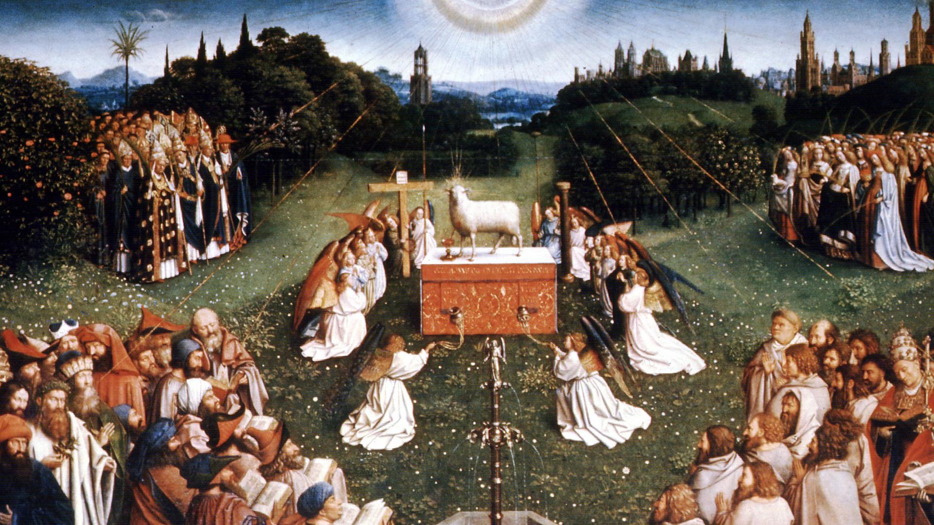 Der Mittelaltar im Genter Altar von Hubert und Jan van Eyck (Ausschnitt) zeigt die "Anbetung des Lammes" als Symbol für das Paradies in einer Frühlingslandschaft. Das Gemälde entstand um 1432.
