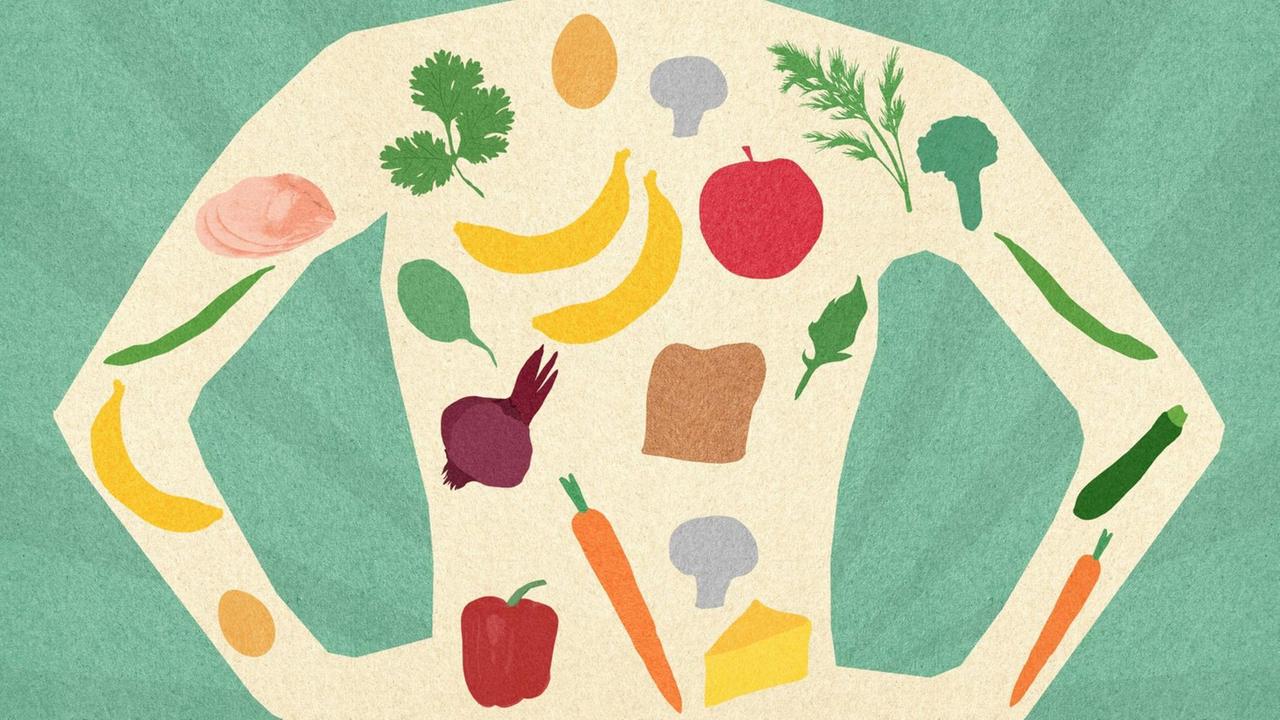 Illustration: Auswahl von gesunden Lebensmitteln und viel Gemüse in dem Körper einer Frau vor grünem Hintergrund.