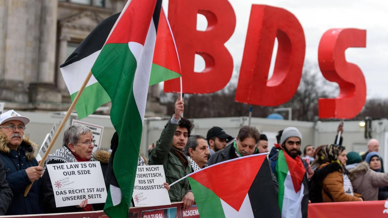 Anhänger der BDS-Kampagne tragen vor dem Reichstagsgebäude palästinensische Flaggen.