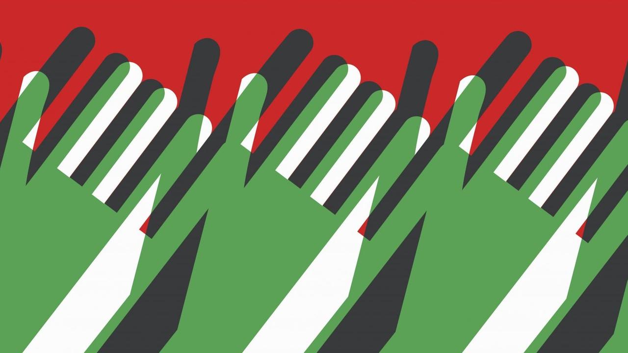 Eine Illustration zeigt klatschende Hände in den Farben grün, weiß und schwarz auf rotem Grund.
