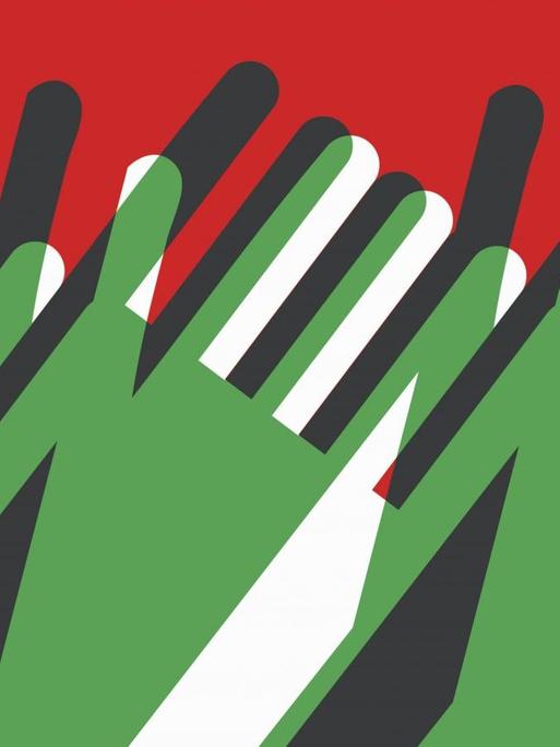 Eine Illustration zeigt klatschende Hände in den Farben grün, weiß und schwarz auf rotem Grund.