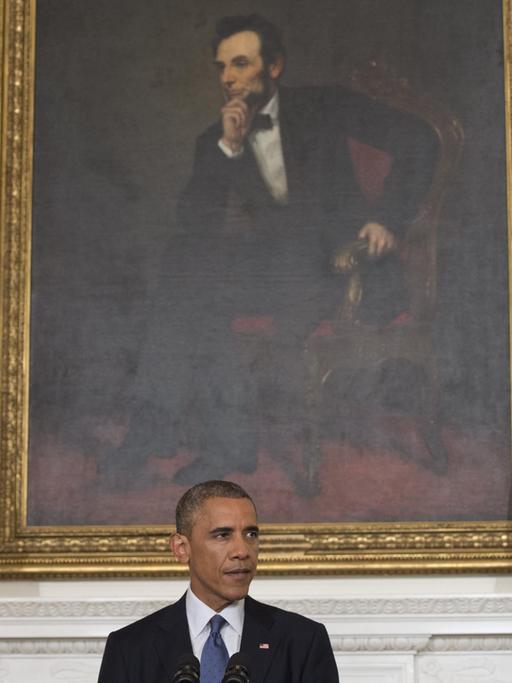 US-Präsident Barack Obama hält am 7. August 2014 im Weißen Haus in Washington eine Pressekonferenz, in der er sein Okay für Luftschläge gegen Islamisten im Irak verkündet.