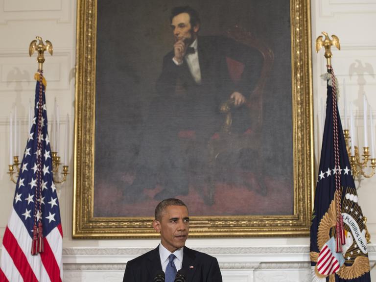 US-Präsident Barack Obama hält am 7. August 2014 im Weißen Haus in Washington eine Pressekonferenz, in der er sein Okay für Luftschläge gegen Islamisten im Irak verkündet.