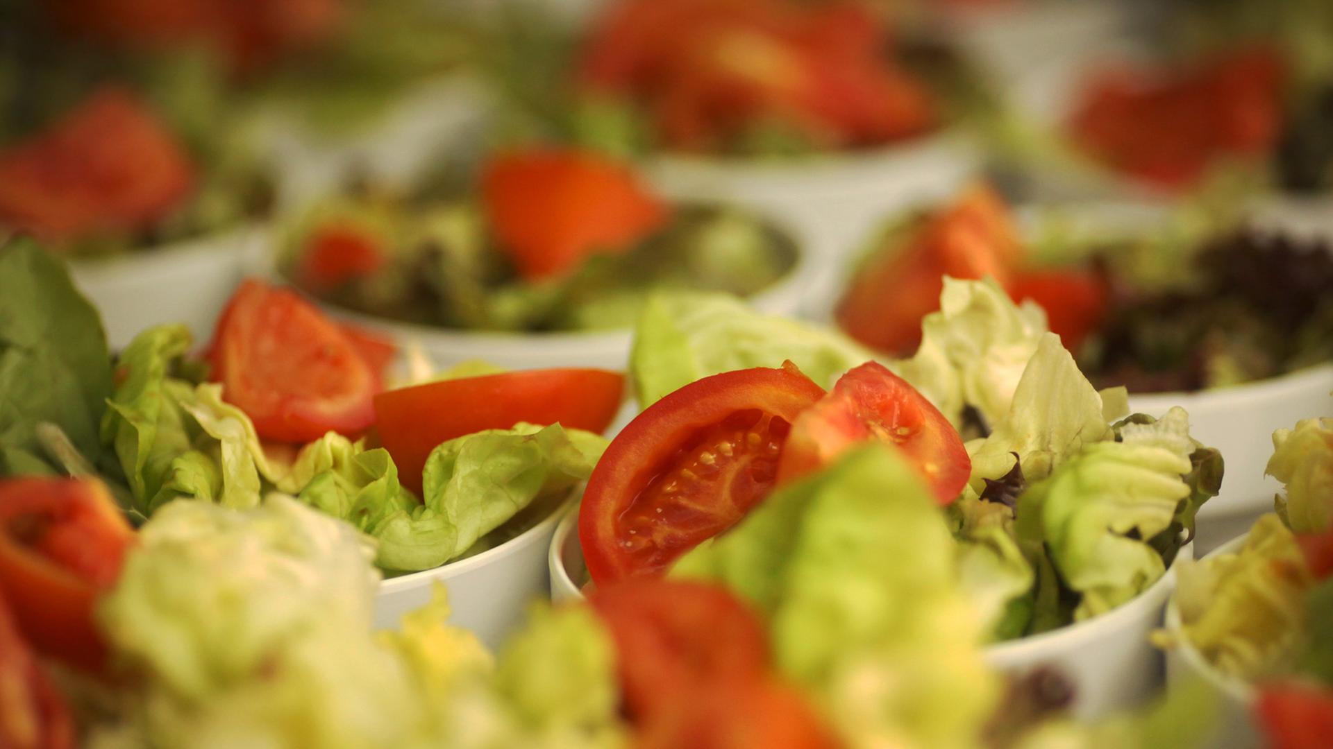 Kleine Beilagen-Salat-Teller garniert mit Tomaten Kleine Beilagen-Salat-Teller garniert mit Tomaten