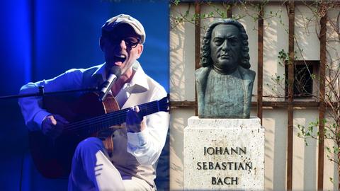 Bildkombo aus einer Konzertaufnahme des Sängers Peter Fessler und einer Büste des Komponisten Johann Sebastian Bach