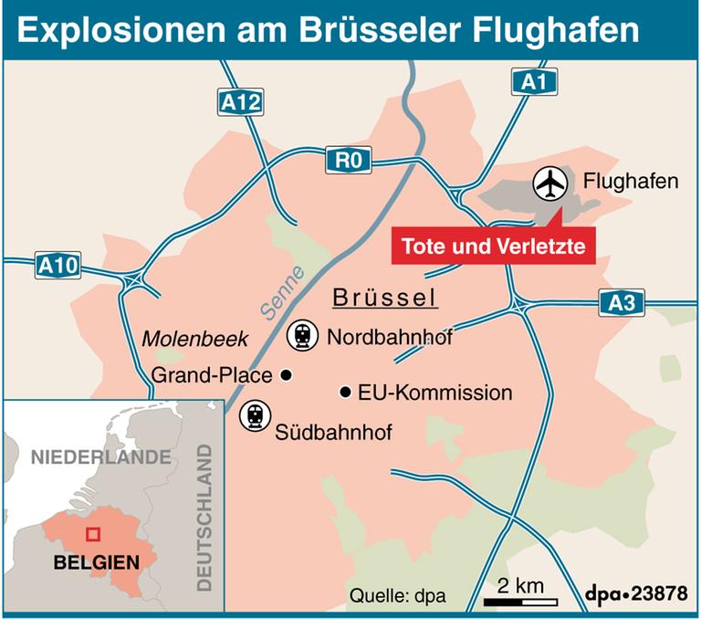 Übersichtskarte zu den Explosionen am Brüsseler Flughafen