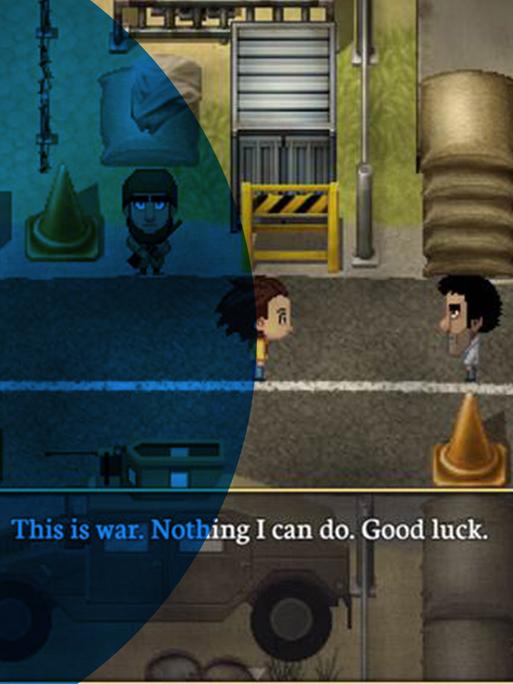Screenshot aus "Path Out": Zu sehen ist die Spielfigur vor einer Brücke in vermintem Gebiet, hinter ihr steht ein maskierter Bewaffneter