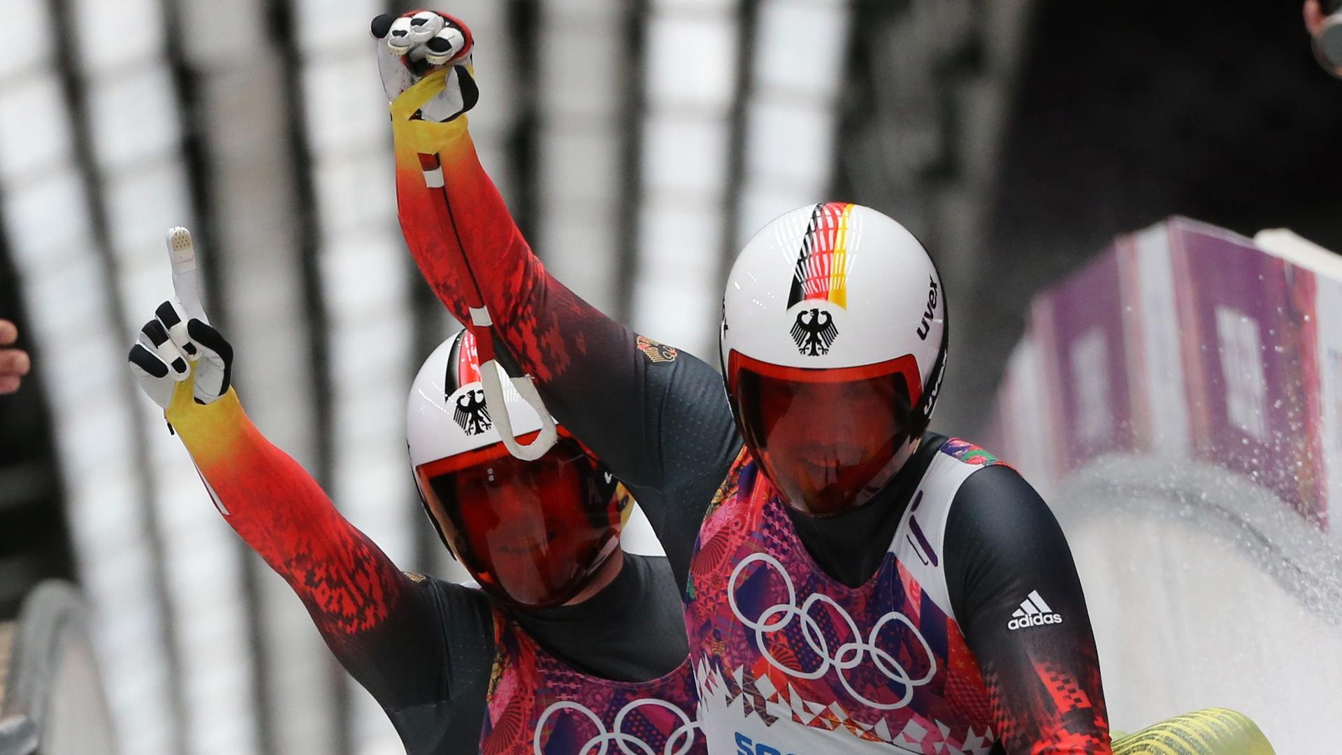 Tobias Wendl and Tobias Arlt of Germany celebrate after the Luge Doubles Run 2 in Sliding Center Sanki at the Sochi 2014 Olympic Games, Krasnaya Polyana, Russia, 12 February 2014. Photo: Fredrik von Erichsen/dpa Tobias Wendl and Tobias Arlt of Germany celebrate after the Luge Doubles Run 2 in Sliding Center Sanki at the Sochi 2014 Olympic Games, Krasnaya Polyana, Russia, 12 February 2014. Photo: Fredrik von Erichsen/dpa