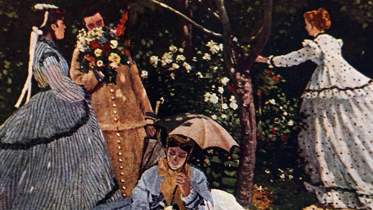Ein Bild von Claude Monet aus dem 19. Jahrhundert. Frauen in schönen, hellen Ausgehkleidern gruppieren sich um einen Baum am Rande eines Wegs.