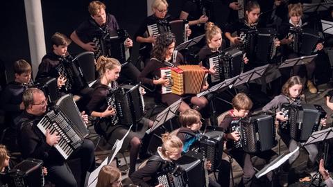 Ein Blick von oben auf ein Akkordeon-Orchester aus Kindern, Jugendlichen und Erwachsenen