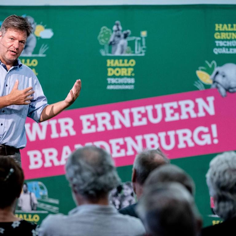Robert Habeck, Bundesvorsitzender von Bündnis 90/Die Grünen, spricht in Cottbus auf einer Wahlkampfveranstaltung vor der Landtagswahl in Brandenburg zu den Teilnehmern.