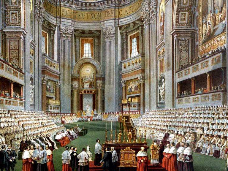 Papst Pius IX (Giovanni Maria Mastai Ferretti 1792-1878) eröffnet das Erste Vatikanischen Konzil im vollen Petersdom, farbige zeitgenössische Abbildung.