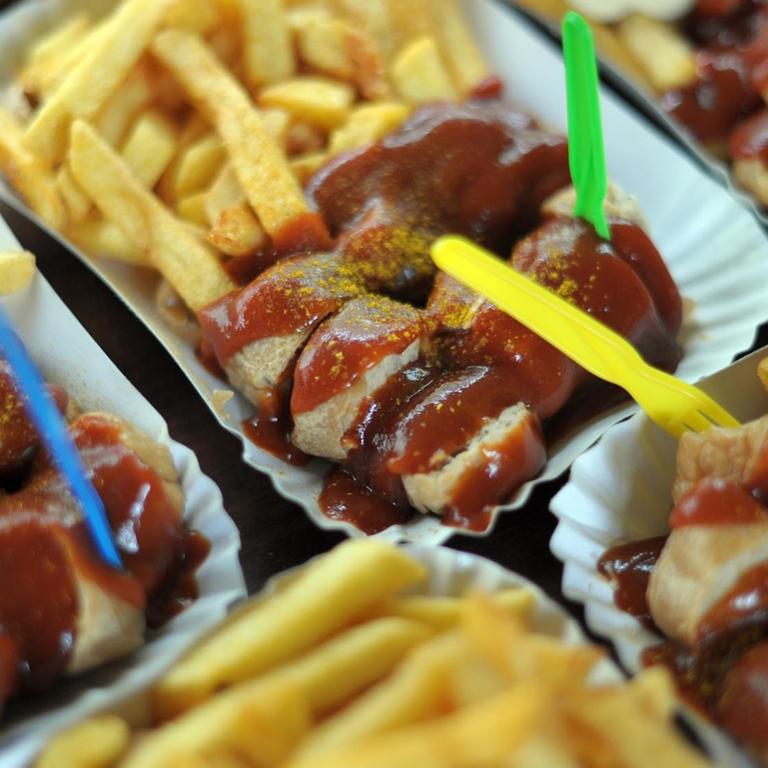 Pappteller mit Currywurst mit Pommes Frites steht auf einem Tisch in Konnopke's Imbiss in Berlin. Angeblich wurde die Currywurst 1949 in Berlin erfunden.