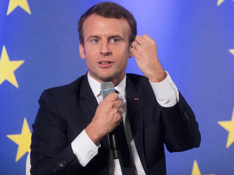 Frankreichs Staatspräsident Emmanuel Macron spricht in der Frankfurter Johann Wolfgang Goethe-Universität. Das Thema der Festveranstaltung lautet "Debatte über die Zukunft Europas".
