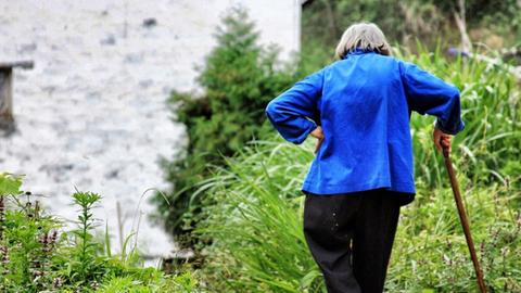 Das Foto zeigt eine alte Frau in blauer Bluse mit einem Gehstock. Sie ist von hinten zusehen und steht in einem Garten.