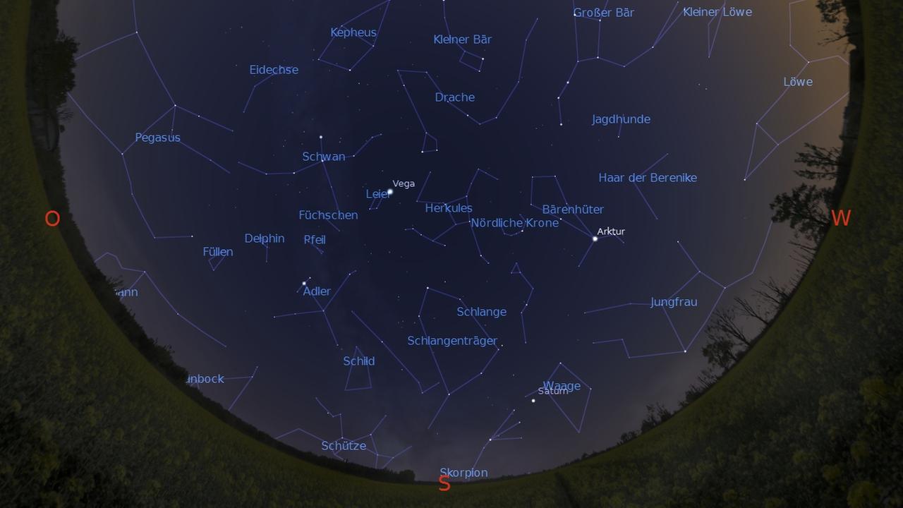Der Anblick des Sternenhimmels Mitte Juli gegen 23 Uhr