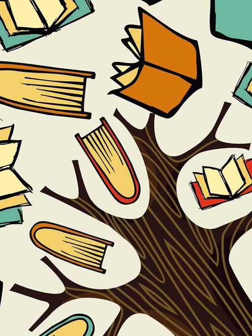 Eine Illustration zeigt viele Bücher anstatt von Blättern in einem stilisierten Baum