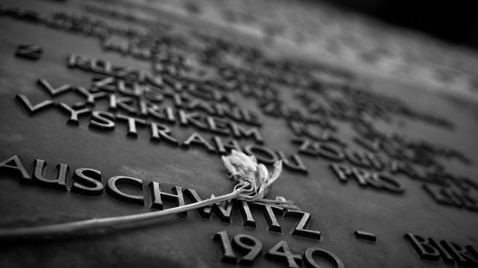 Eine Blume aus Silber liegt auf einer Gedenktafel im Vernichtungslager Auschwitz