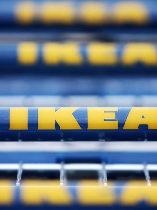 Vor einem Gebäude des schwedischen Möbelhauses Ikea stehen am 13.10.2015 in Hofheim-Wallau (Hessen) Einkaufswagen mit dem Logo des Unternehmens.