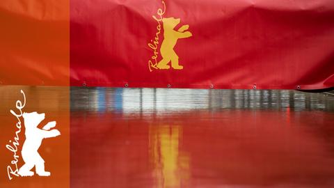 Das Logo der Berlinale spiegelt sich in einem Wasserlauf auf dem Potsdamer Platz