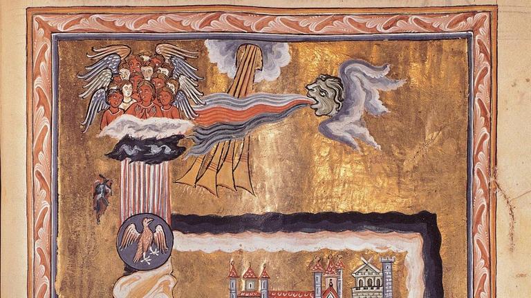 Der Aussschnitt eines Bildes einer Handschrift zeigt Engel, die über Mauern schweben, lange Trompeten und einen Vogel.