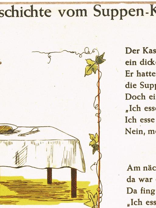 Graphische Darstellung von "Die Geschichte vom Suppen-Kaspar" aus dem "Struwwelpeter" von Heinrich Hoffmann.