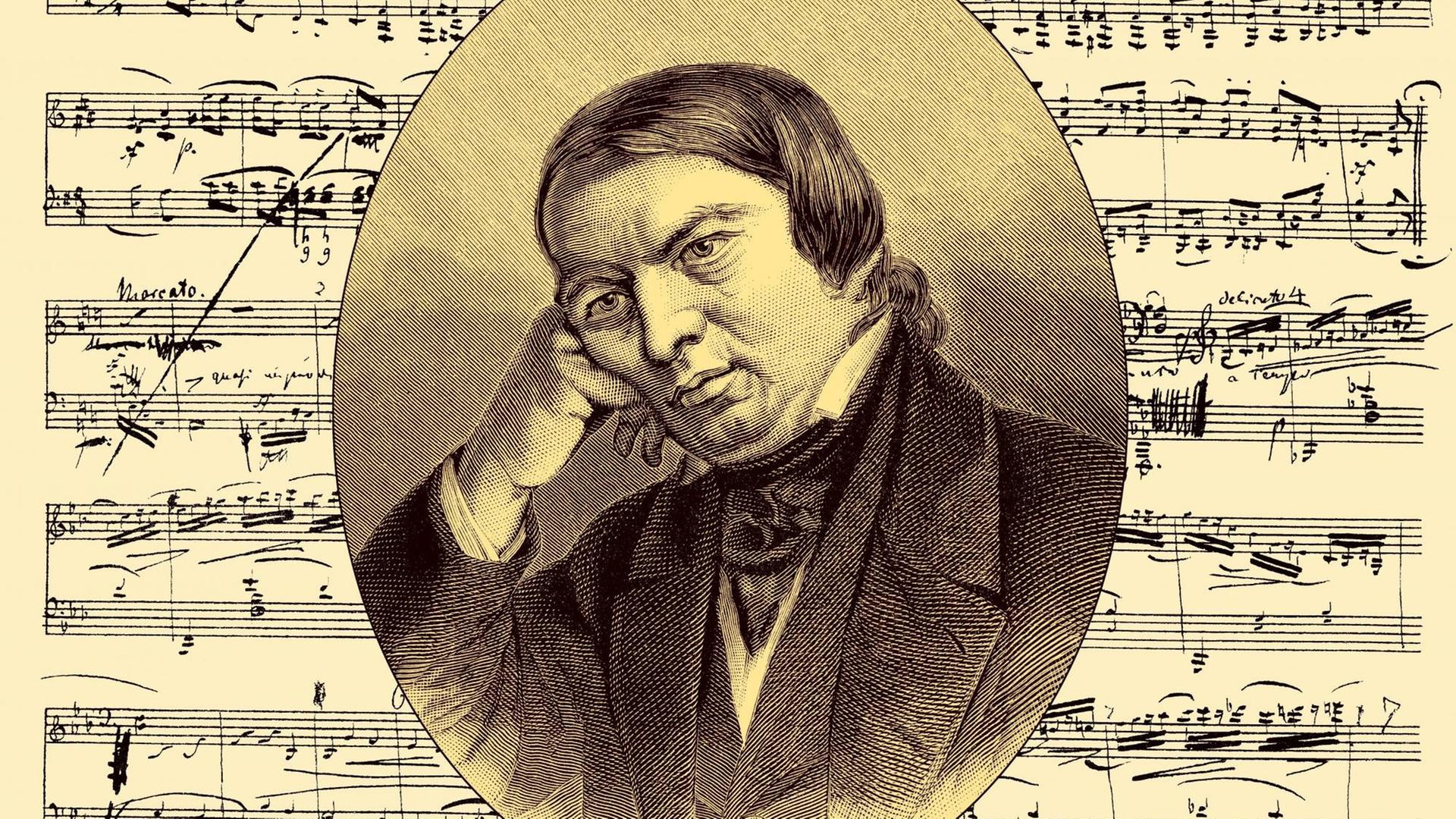 Ein Litografie- Porträt Robert Schumanns um 1888 auf einer historischen Noten-Handschrift seiner Sonate Nr. 1 Op. 2 Porträt Robert Schumanns auf einer historischen Noten-Handschrift seiner Sonate Nr. 1 - um 1988