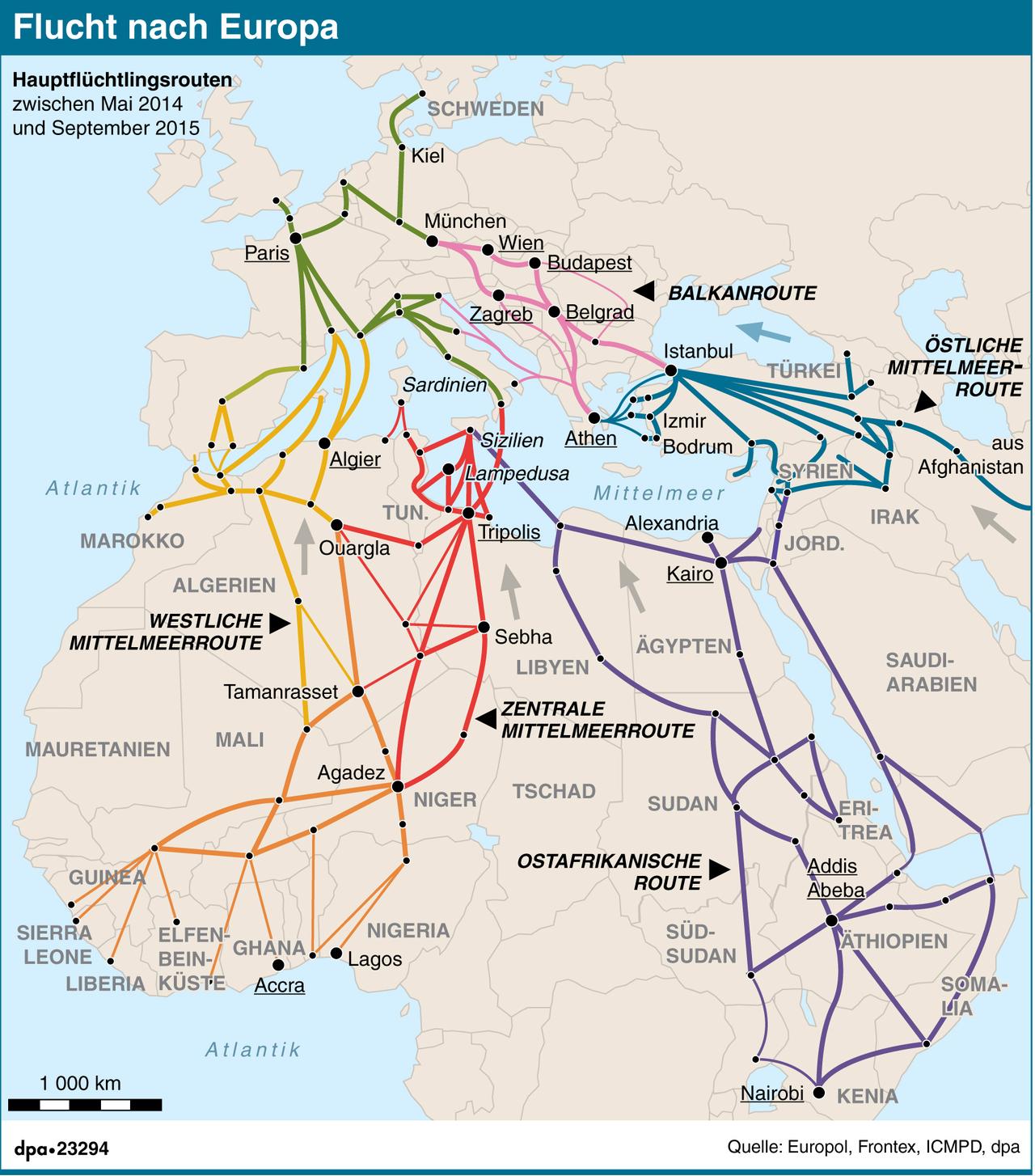 Karte mit den Flüchtlingsrouten von Afrika und dem Nahen Osten nach Europa.