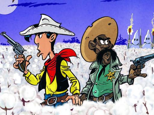 Das Titelbild des Comics "Fackeln im Baumwollfeld": Lucky Luke steht an der Seite des schwarzen Sheriffs Bass Reeves