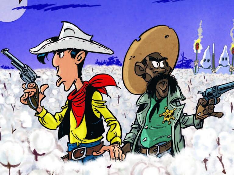 Das Titelbild des Comics "Fackeln im Baumwollfeld": Lucky Luke steht an der Seite des schwarzen Sheriffs Bass Reeves