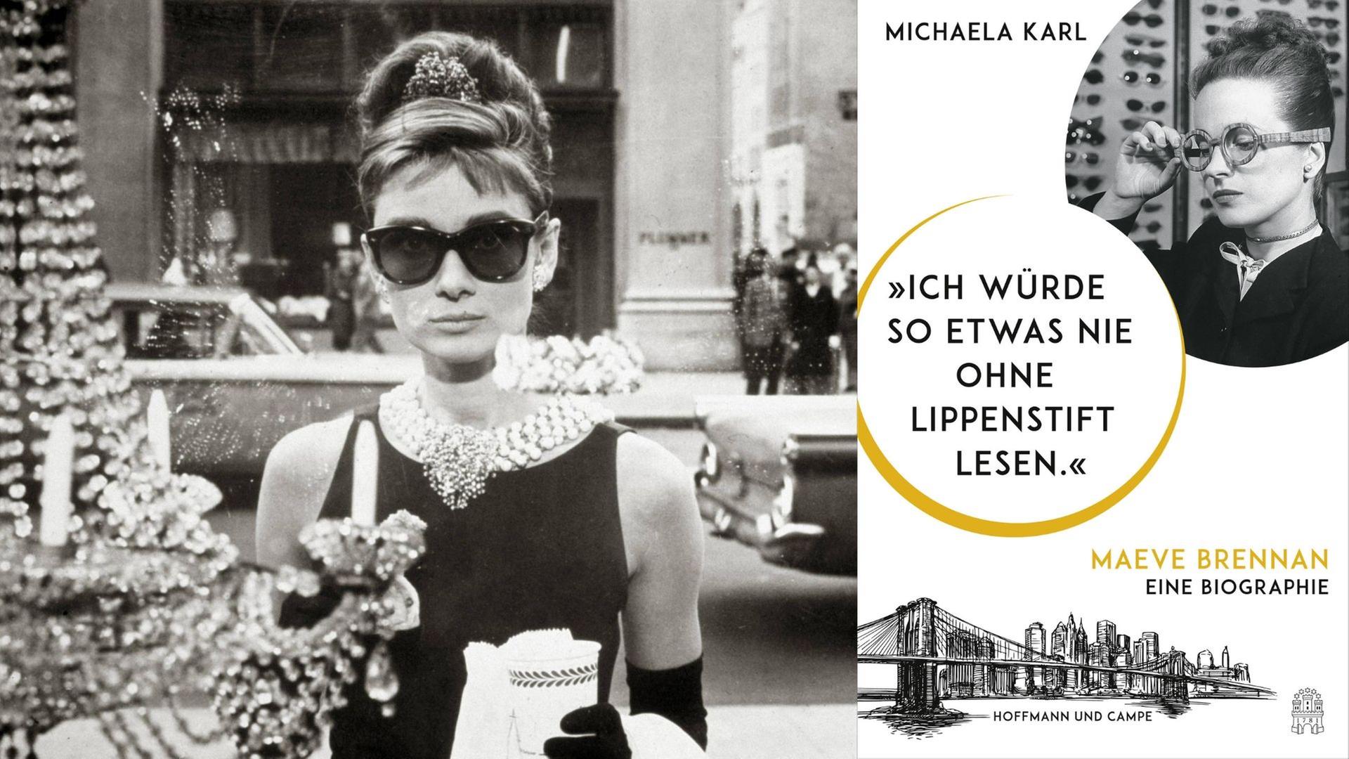 Zu sehen ist Audrey Hepburn in einem Filmausschnitt aus "Breakfast at Tiffanys" von 1961 und das Cover der Maeve Brennan Biographie von Michaela Karl: "Ich würde so etwas nie ohne Lippenstift lesen."