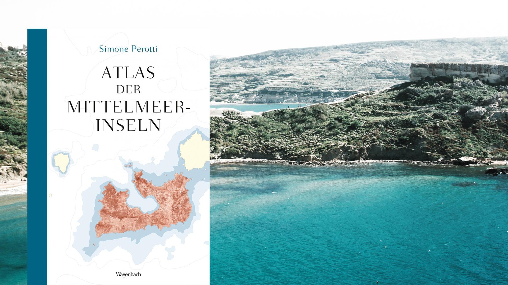 Cover von Simone Perottis Buch "Atlas der Mittelmeerinseln". Im Hintergrund ist die Küste von Malta zu sehen.