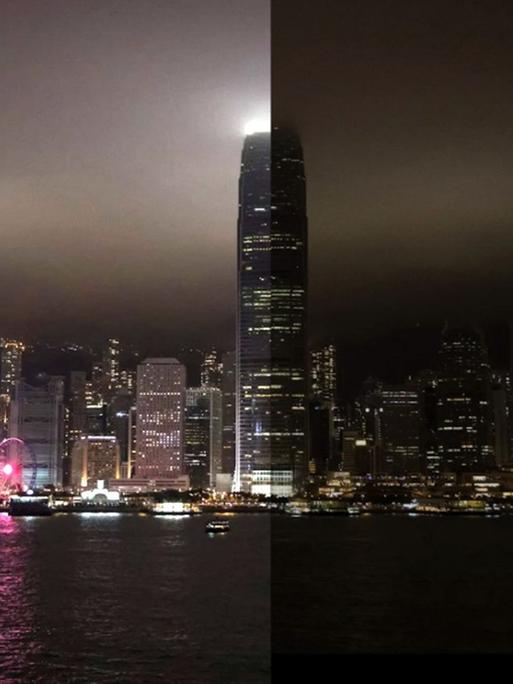 Die Skyline von Hongkong, links vor, rechts während der Erdstunde