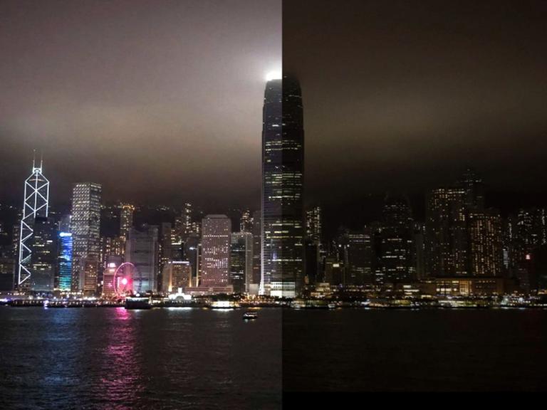 Die Skyline von Hongkong, links vor, rechts während der Erdstunde