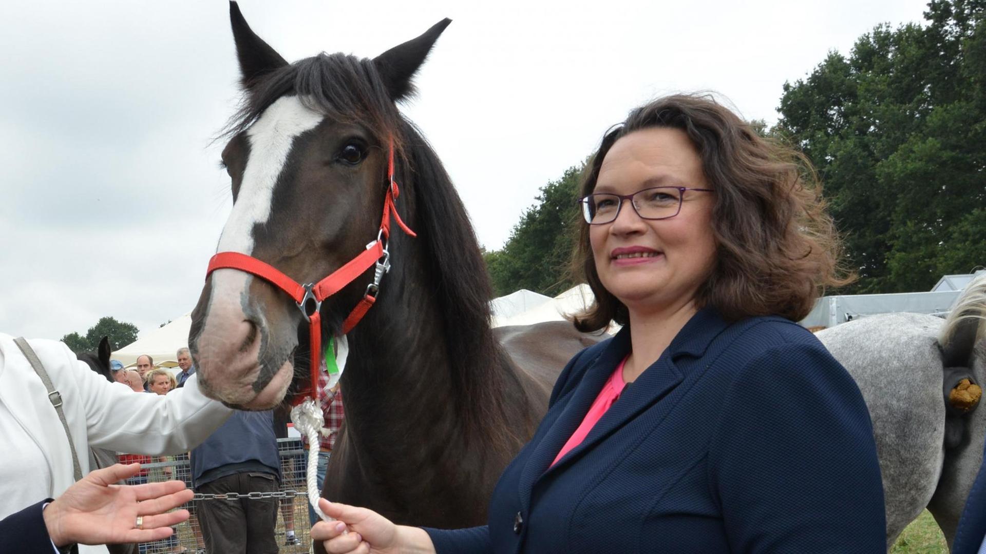 Andrea Nahles, SPD-Parteivorsitzende, besucht einen Pferdemarkt, der während des Stoppelmarktes abgehalten wird und steht dabei neben einem Pferd.