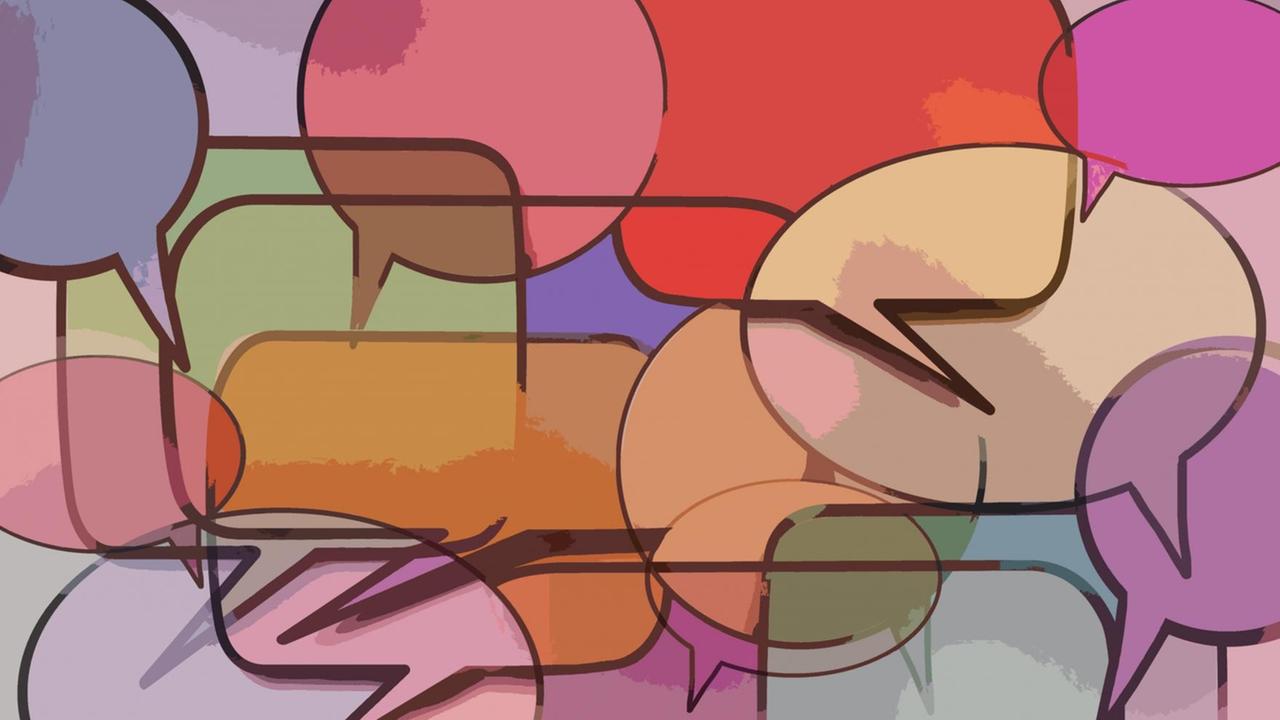 Illustration: viele bunte Spechblasen, die übereinander und nebeneinander stehen.