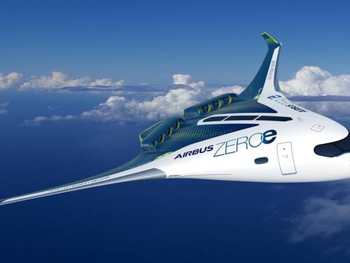 Eine undatierte grafische Darstellung zeigt ein Konzept für ein Flugzeug mit Wasserstoffantrieb für bis zu 200 Passagiere des Luftfahrtkonzerns Airbus.