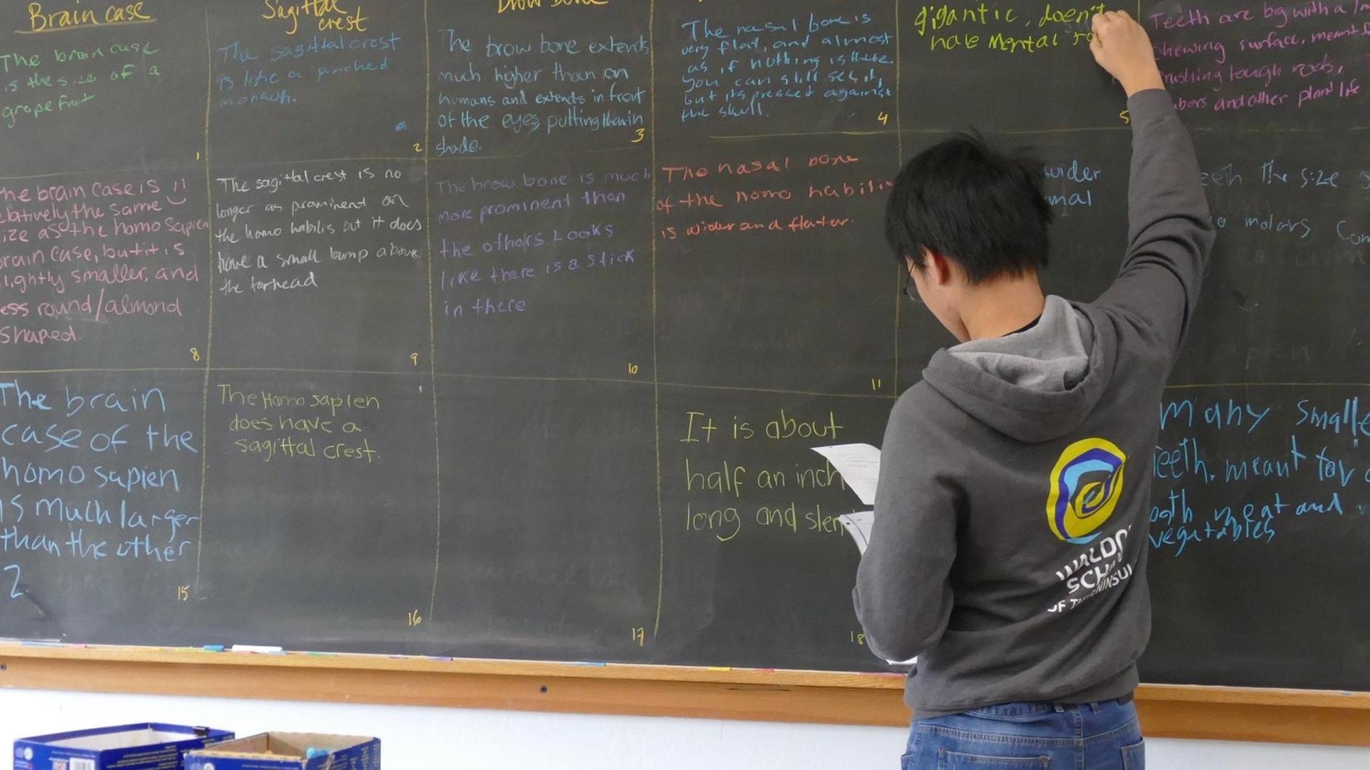 Der Schüler schreibt an eine Tafel und blickt auf einen Zettel. 