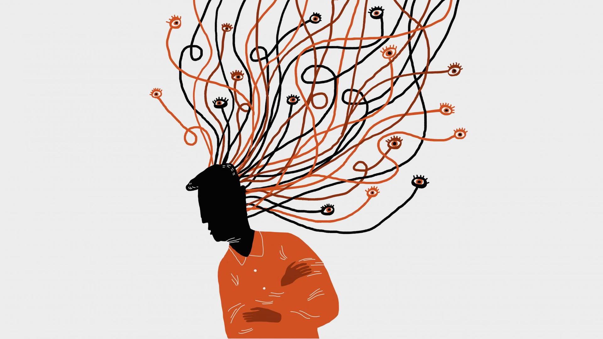 Eine Illustration zeigt verworrene Linien und viele Augen um den Kopf eines Mannes herum.